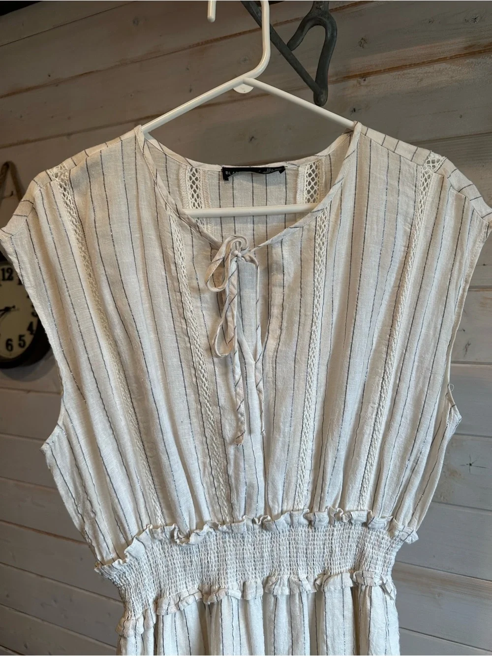 Black Tape | Cream & Shiny Silver Striped Linen Blend Dress - Picture 3 of 7